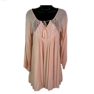 𝅺PURPLE Snow Boho Tunic Top Pale Pink Gauze Crochet Long Sleeves Size: L
